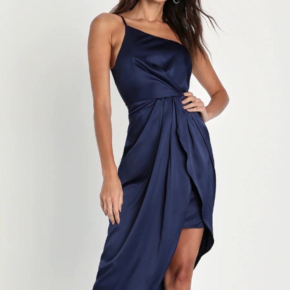 Lulus Law of Attraction Navy Blue One-Shoulder Asymmetrical Midi Dress Size M